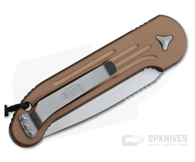 Microtech LUDT Satin Part Serrated M390 Tan Automatic Knife 135-5TA 4 Microtech LUDT Satin Part Serrated M390 Tan Automatic Knife 135-5TA - Image 2