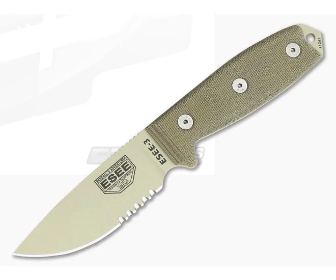 ESEE 3S Partially Serrated Desert Tan OD Sheath 3 ESEE 3S Partially Serrated Desert Tan OD Sheath